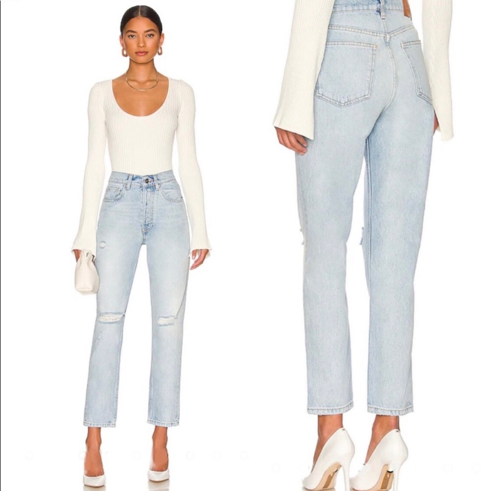 Anine Bing Sonya High Rise Ankle Slim Jean in Destructed Classic Blue NWT